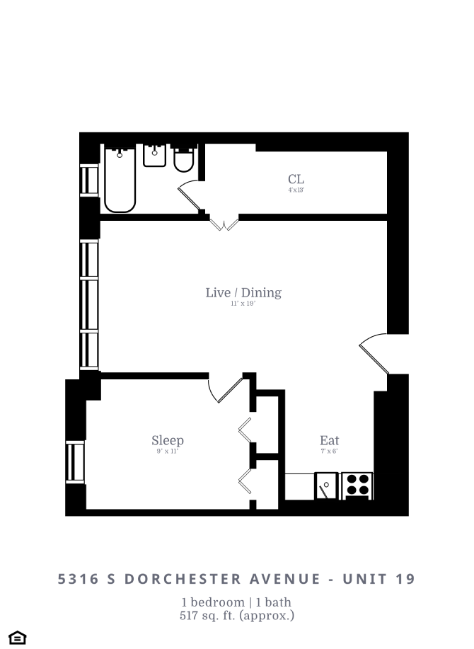 Floor plan for 1 bed, 1 bath, 527 sqft